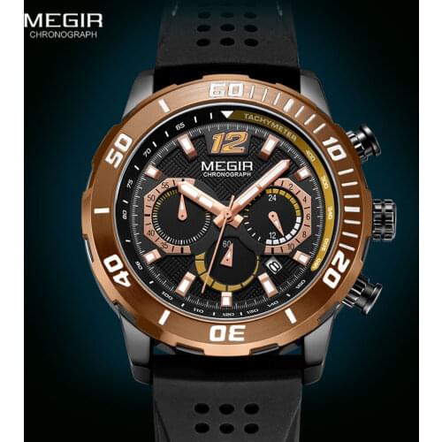 MEGIR Silicone Strap Miliary Sport Watches Men Waterproof Luminous Chronograph Quartz Watch Man Brown Reloj Relogio мужские часы