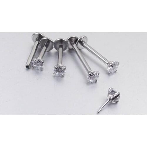 1 Piece threadless lip ring tragus body piercing jewelry surgical steel 16g push in labret labret with cubic ziron