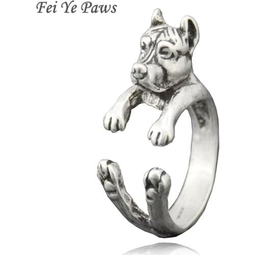 Fei Ye Paws Punk Pit Bull & Staffordshire Bull Terrier Dog Wrap Ring For Women Retro Animal Pet Ring Men Unique Gifts Box Packed