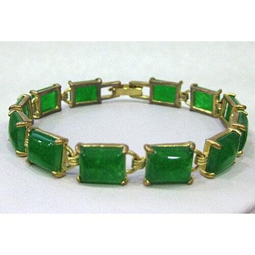 Pretty Natural Green Jade Gemstone gold-color chain bracelet 7.5inch 02