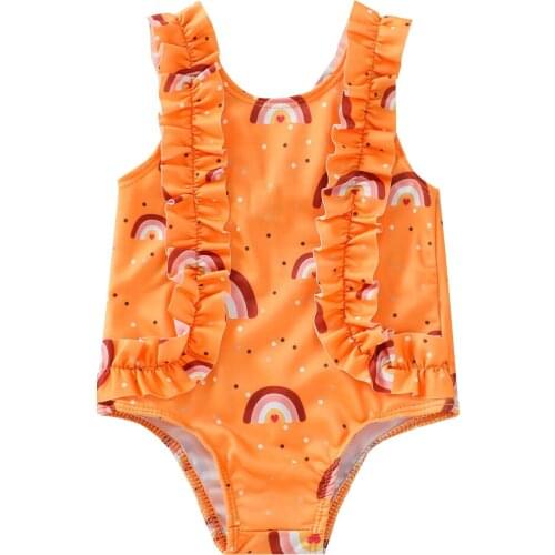 3 Colors Summer Toddler Swimwear Kids Baby Girls Cute Ruffles Rainbow Print Backless Swimsuit Beachwear Bathing Suit for Holiday
