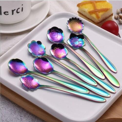 8pcs Flower Design Spoon Stainless Steel Dessert Tea Coffee Mixing Spoon Vintage Flower Teaspoons Scoop Tableware Long Handle