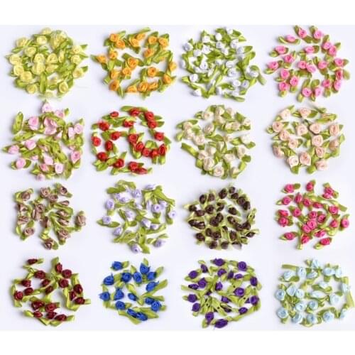 500PCS 1.5cm Satin Ribbon Roses Artificial Mini Silk Rosettes Fabric Flowers Heads Handmade DIY Craft For Wedding Decoration