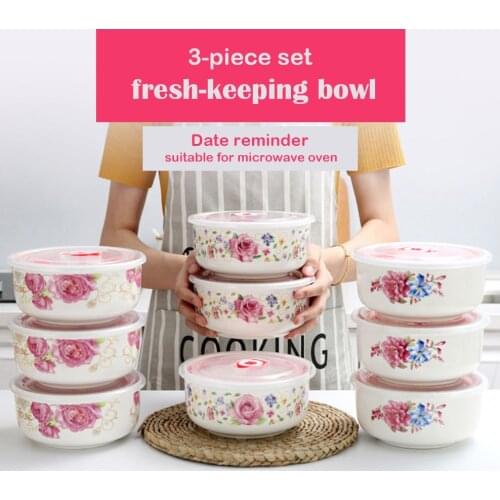 3-Piece Set Ceramic Fresh-Keeping Bowl Suitable For Microwave Oven Fresh-Keeping Box Tableware Refrigerator Storage Box Set