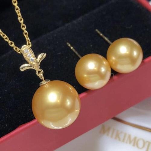 D819 Pearl Set Fine Jewelry Solid 18K Gold Round 7-12mm Fresh Water Golden Pearls Jewelry Sets for Women Fine Presents