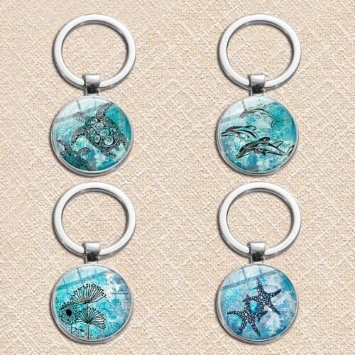 Customizable Keychain Marine Life Starfish Sea Turtle Dolphin Keychain Pendant Round Metal Glass Key Ring Pendant