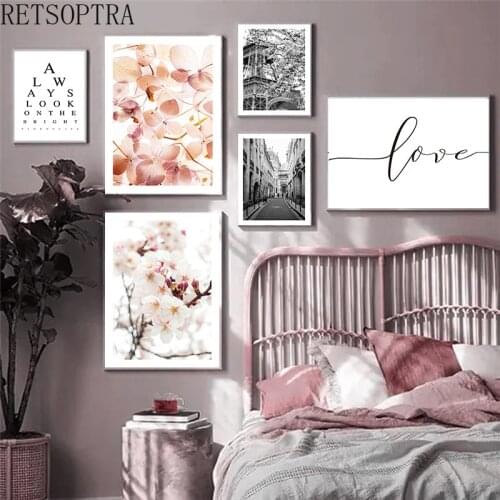 Nordic Pink Leaves Tower Street View Painting Bedroom Decor Wall Art Canvas Poster Flower Print Pictures Landscape Painting Gift