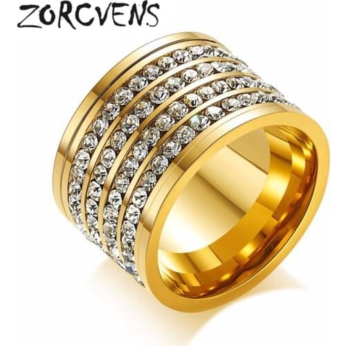 ZORCVENS 2020 New Brand 4 Row Crystal Rhinestone Gold-Color Stainless Steel Couple Wedding Rings for Men and Women