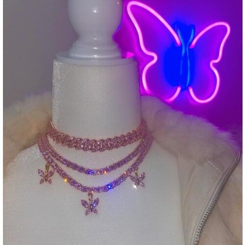 Pink cubic zirconia fashion women girl pinky jewelry pink cz butterfly charm tennis chain choker necklace 32+10cm