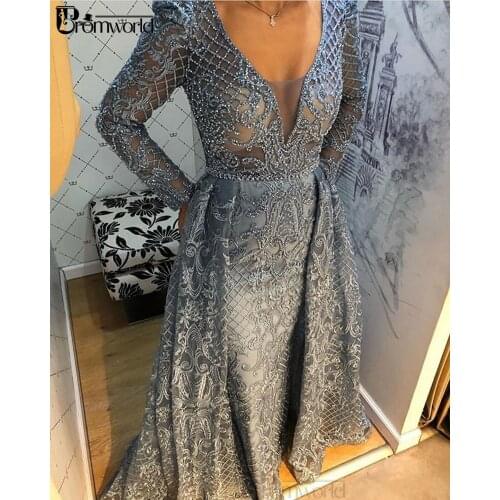 Gray Evening Dresses Long with Sleeves V-Neck Lace Beaded Mermaid Special Occasion Formal Party Gown 2020 abiye gece elbisesi
