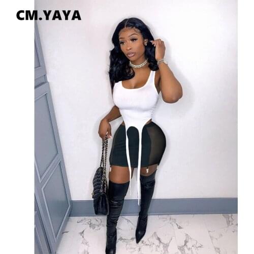 CM.YAYA Women Set Solid Sleeveless Crop Tops Mesh See-through Mini Skirts Two 2 Piece Sets Sexy Fashion Streetwear Summer Outfit