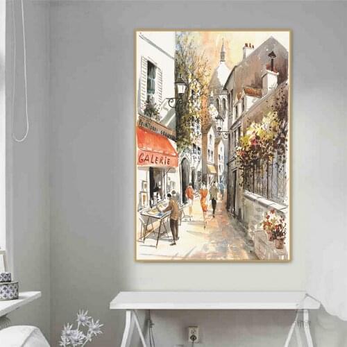 Modern Living Room European Small Town Landscpape Decoration Canvas Painting Watercolor Street View Hotel Home Decoration Art