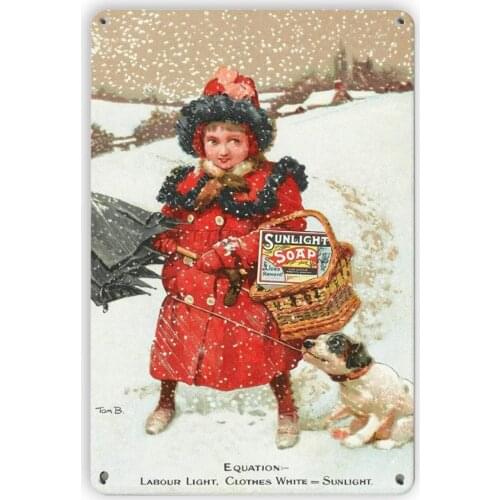 Winter Little Girl and Dog Vintage Metal Tin Signs, Retro Art Tin Sign Decorations Plaque fo Bars Club Cafe Home Kitchen