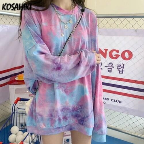 KOSAHIKI 2021 Spring Streetwear Women Tops Tie Dye Vintage Ropa Mujer Japanese Fashion Hoodie Harajuku Loose Sweatshirt 11a068