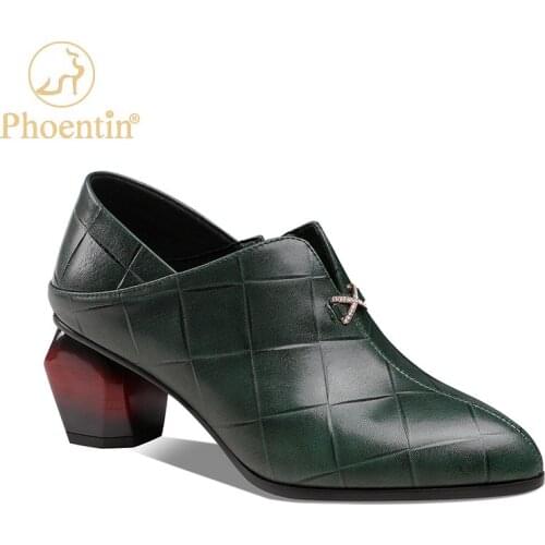 Phoentin Designer Shoes For Women Checkered Pattern Shoes Medium Heels Women Pumps Real Leather Pointed Toe Zip Closure FT1371