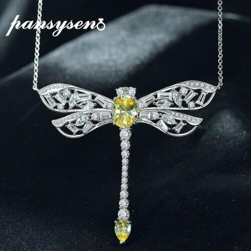 PANSYSEN Solid 925 Sterling Silver Cute Dragonfly Created Moissanite Citrine Gemstone Pendant Necklaces for Women Wedding Gift