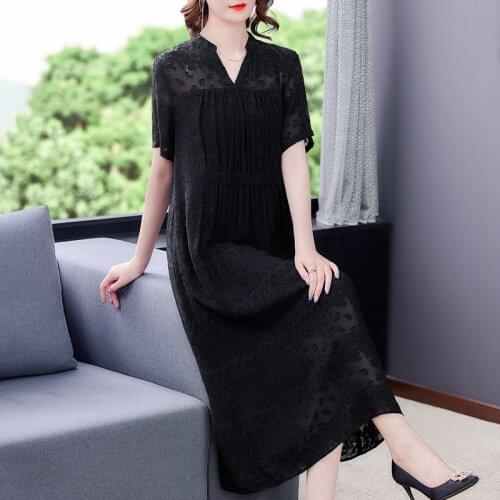 Summer High Quality Casual Solid 4XL Plus Size Dress 2021 Black Jacquard Chiffon Vintage Midi Dresses Elegant Bodycon Vestidos