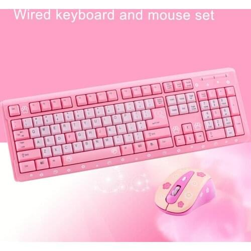 1 Set Wired Keyboard Mouse Combos for Desketop Laptop NotebookCute Cartoon Cat Pattern Pink Girl Keyboard and Mouse Set