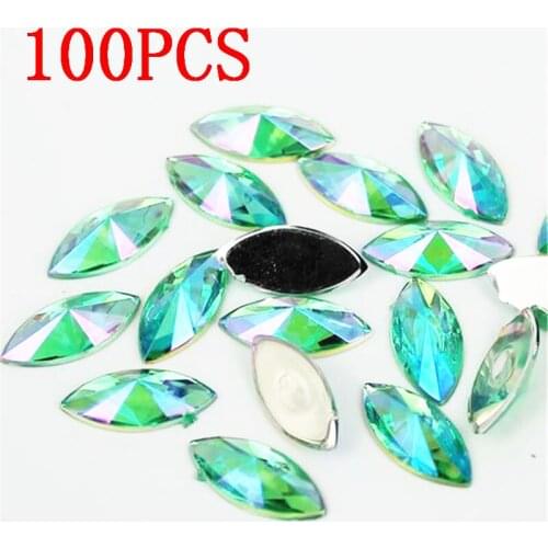 Horse eye Shape Resin Rhinestone green AB Crystal Nail art 100Pcs Flat Back tip Faceted Decorative Clothing accessories Drill