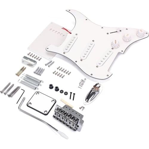 White Electric Guitar Tremolo Bridge System with 11 Holes Pickguard SSS Pickup, Back Plate, 1/4inch Jack Socket
