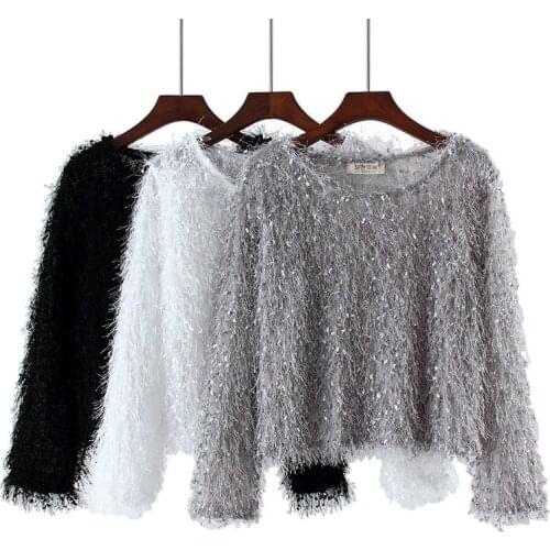Blouse Women Tassel Top Autumn Loose round Neck Furry Shiny Long Sleeves Shirts Blusas Ropa De Mujer