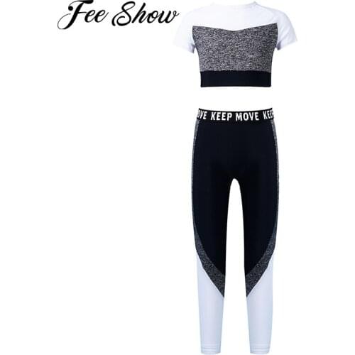 Kids Girls Yoga Outfits Gymnastics Workout Tracksuit Round Neck Short Sleeves Elastic Crop Top Elastic Leggings Casual Sport Set