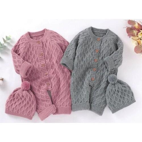 Newborn Baby Romper Autumn Winter Knitted Baby Clothes Baby Girls Clothes Infant Baby Boys Jumpsuit Cotton Kids Romper With Hat