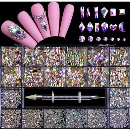 FlorVida Nail Art Rhinestones Kit Acrylic Boxed 21 Grids Mixed Size Set 1pc Pick Up Pen Large Crystal Decorations 3D AB Flat Gem