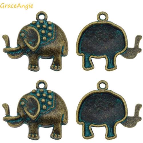 GraceAngie 6PCS Patina Elephant Pendant Antiqued Bronze Green Charms Bracelet Handmade Keychain Necklace Jewelry Accessory