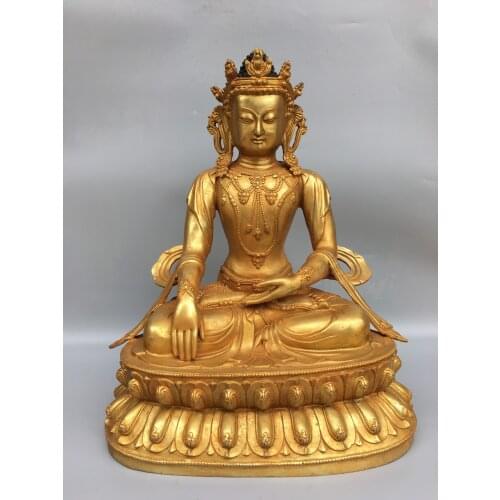 18"Chinese temple collection Old Bronze Gilt Great Buddha Tathagata Sitting Buddha Ornaments Town House Exorcism