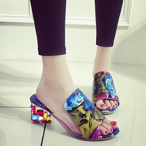 Fashion Rhinestone Sandals Women Slippers Fish Head Diamond Yards Summer Sandals Thick High Heels Female Sandals Shoes