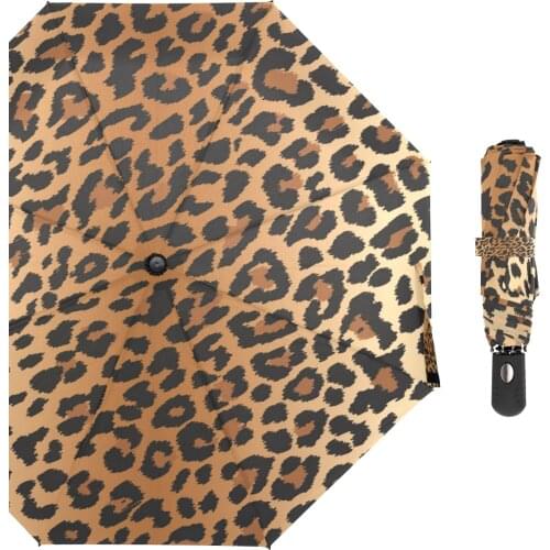 Fashion Women Automatic Umbrella Leopard Pattern Three Folding Umbrella Rain Sun Protection Umbrella Travel Girls 8 Ribs Parasol