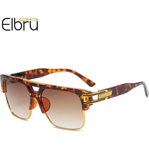 Elbru Men Metal Double Beam Sunglasses Street Snap Vintage Oversized Sunshades Brand Designer UV400 Sun Glasses For Male Female
