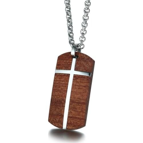 Mens Necklaces Hand Crafted Rosewood Cross Inlay Pendant Male Wood Jewelry with Stainless Steel 24" Box Chain collare
