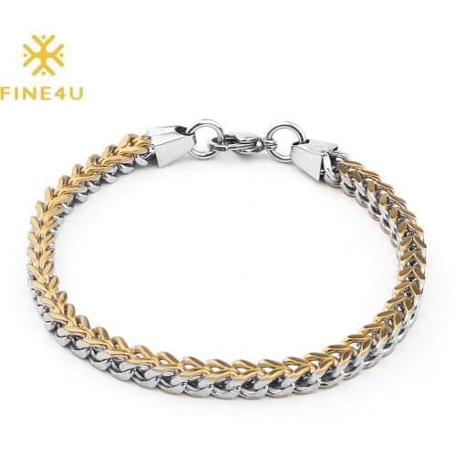 FINE4U B355 Retro Style Mens Stainless Steel Square Wheat Chain Bracelet Vintage 5MM Wide Curb Chain Bracelet