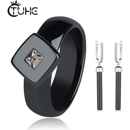 Black Ceramic Jewlery Set Square 6mm Ceramic Ring With Long Ceramic Drop Earrings For Women Fashion Wedding Party Gift