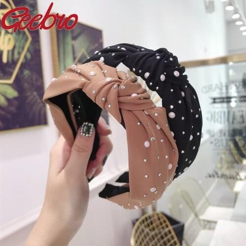 Geebro Womens Knot Rhinestone Headbands Fashion Shining Pearl Ornament Handmade turban For Girls Hairhoop Hair bands Accessories