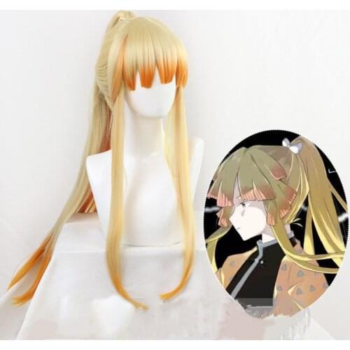 Anime Demon Slayer Kimetsu no Yaiba Agatsuma Zenitsu Cosplay Wig Long Ponytail Heat Resistant Synthetic Hair Wigs + Wig Cap