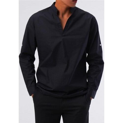 New Fashion Long Sleeve Male Shirt V Neck Solid Color Stand Collar Men Casual Top Quality Shirt Streetwear