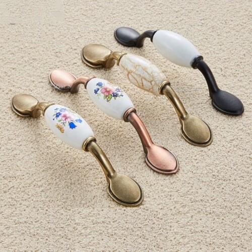 Kitchen Cabinet Pulls Door Furniture Handle Drawer Cupboard Knobs White Bronze Black Retro Flower Ceramic And Zinc Alloy