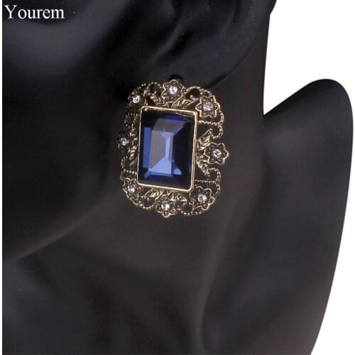 YOUREM antique bronze vintage glass stone rectangle geometry earrings for women punk ethnic stone stud earring fj159