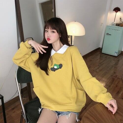 Autumn Skateboard Frog Oversized Sweatshirts Cute Turn-down Collar Hoodies Harajuku Pullover Kpop Womens Streetwear Ropa Mujer