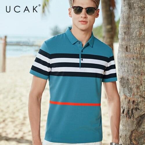 UCAK Brand Classic Turn-down Collar Striped T-Shirt Men Clothes Summer New Fashion Style Streetwear Casual Cotton Tee Tops U5586