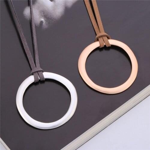Vintage Big Simple Circle Pendant Necklace Matte Rose Gold Silver Color Handmade Bijoux Leather Long Chain Jewelry For Women Men