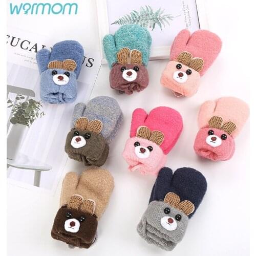 Warmom Cute Ear Bear Cartoon Children Gloves Winter Knitted Wool Double Layer Plus Velvet Thick Warm Gloves Kids Gloves for 0-3Y