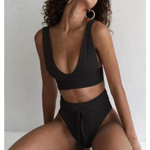 XPUHGM Solid Fold Push Up Bikini 2020 Black Padded Bandage Bikinis High Waist Swimsuit Swimwear Women Sexy Brazilian Biquini