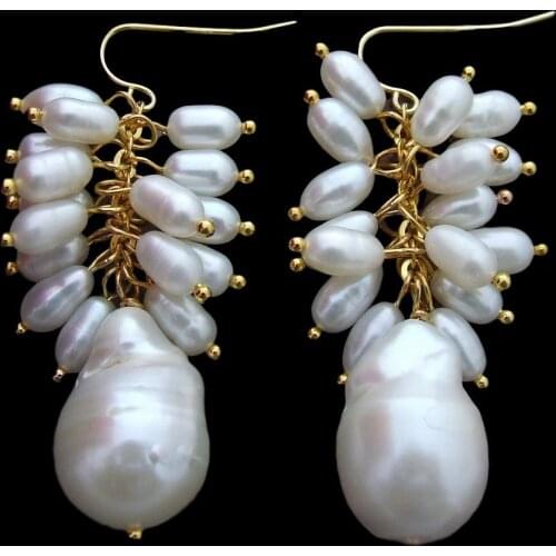 YYGEM Natural Cultured White Keshi Pearl Rice Pearl Gold color Hook Dangle Earrings