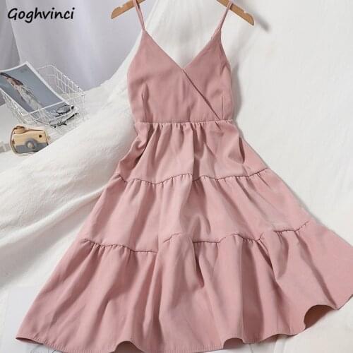 Women Sleeveless Dress V-neck Cascading Ruffles Backless A-line Mid-calf Length 6 Colors Sweet Korean Style Elegant Fashion Chic