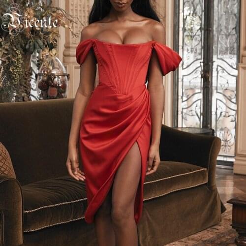 VC Free Shipping New Trendy Women Red Dress Sexy Off The Shoulder Bodycon Vestidos Celebrity Christmas Party Split Dress