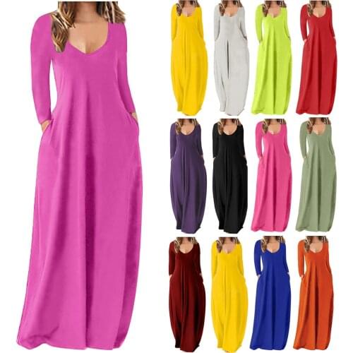Womens Casual Solid Color Long Dress 2021 Sexy Deep V Maxi Beach Dress Loose Long Sleeve Dress Party Dresses Plus Size 5XL
